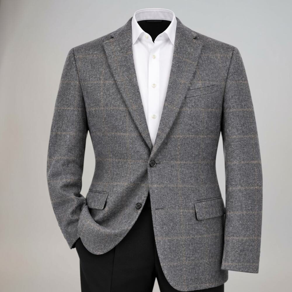 Saks 100% Brushed Cashmere Sport Coat 44-46L Gray Camel Windowpane Plaid - Picture 2 of 16